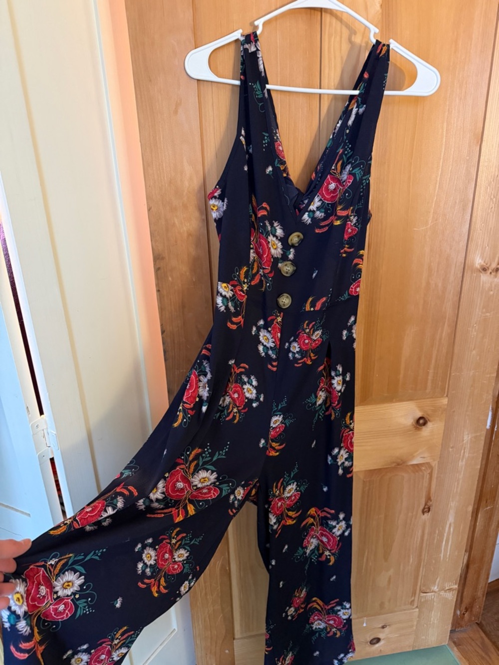 SHEIN Navy Floral V-Neck Wide-Leg Jumpsuit with Button Detail